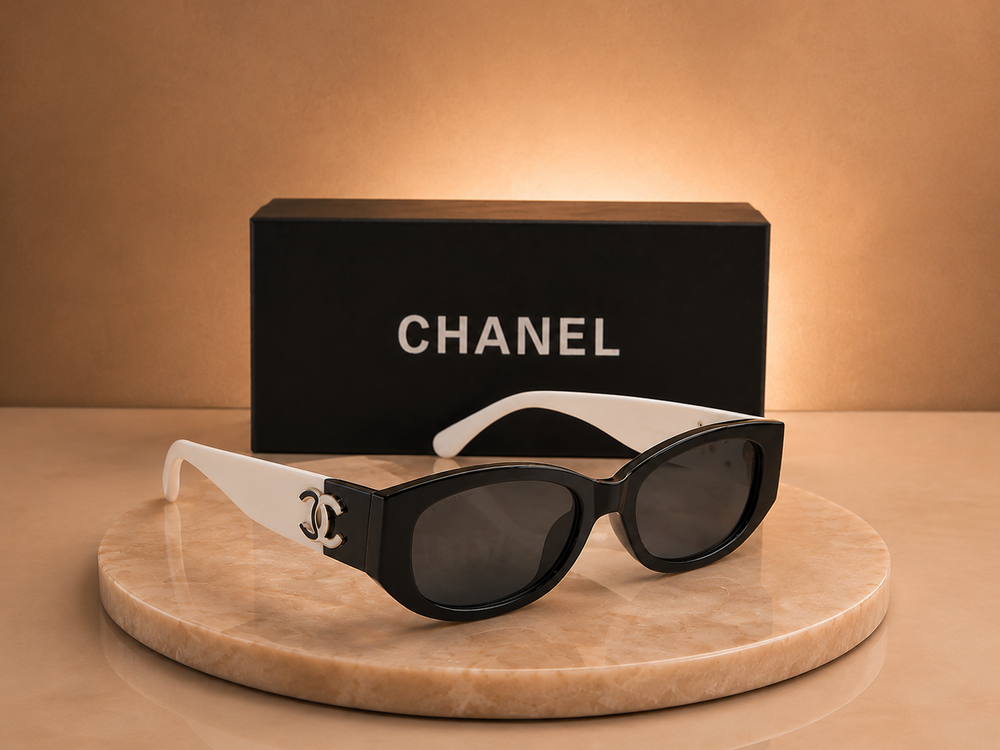 CHANEL Two-Tone Rectangular Sunglasses – Black Frame with White Temples & Silver CC Logo