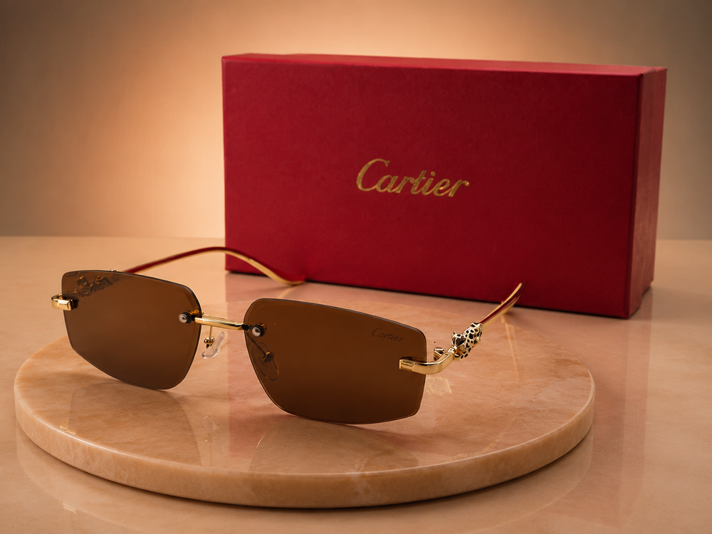 CARTIER Panthère Rimless Sunglasses – Gold Finish with Solid Brown Lenses