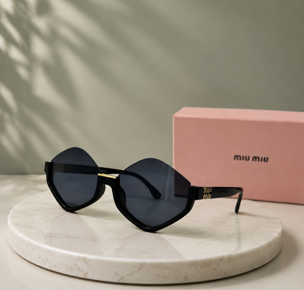 MIU MIU Black Diamond Geometric Sunglasses – Angular Rimless Top Acetate Frame with Gold Logo