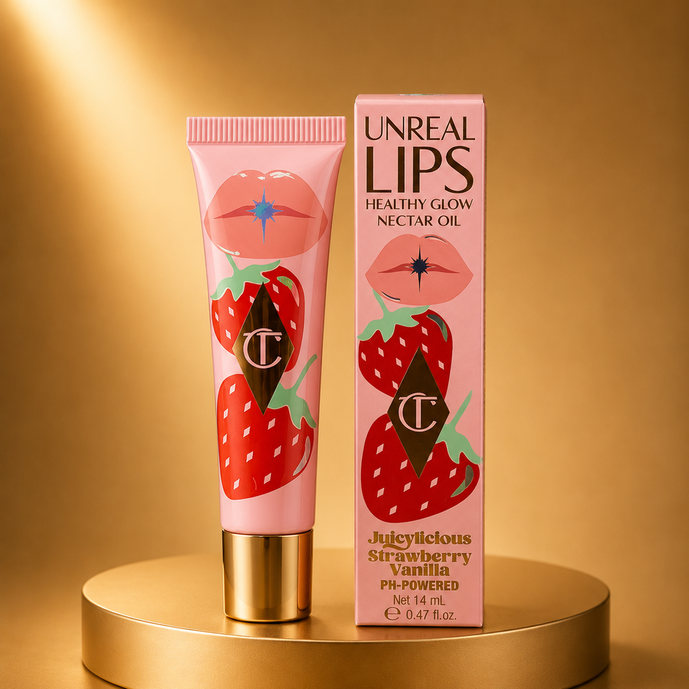 Charlotte Tilbury Unreal Lips Healthy Glow Nectar Oil – Juicylicious Strawberry Vanilla | pH-Powered Custom Pink Tint | Hydrating Lip Nectar