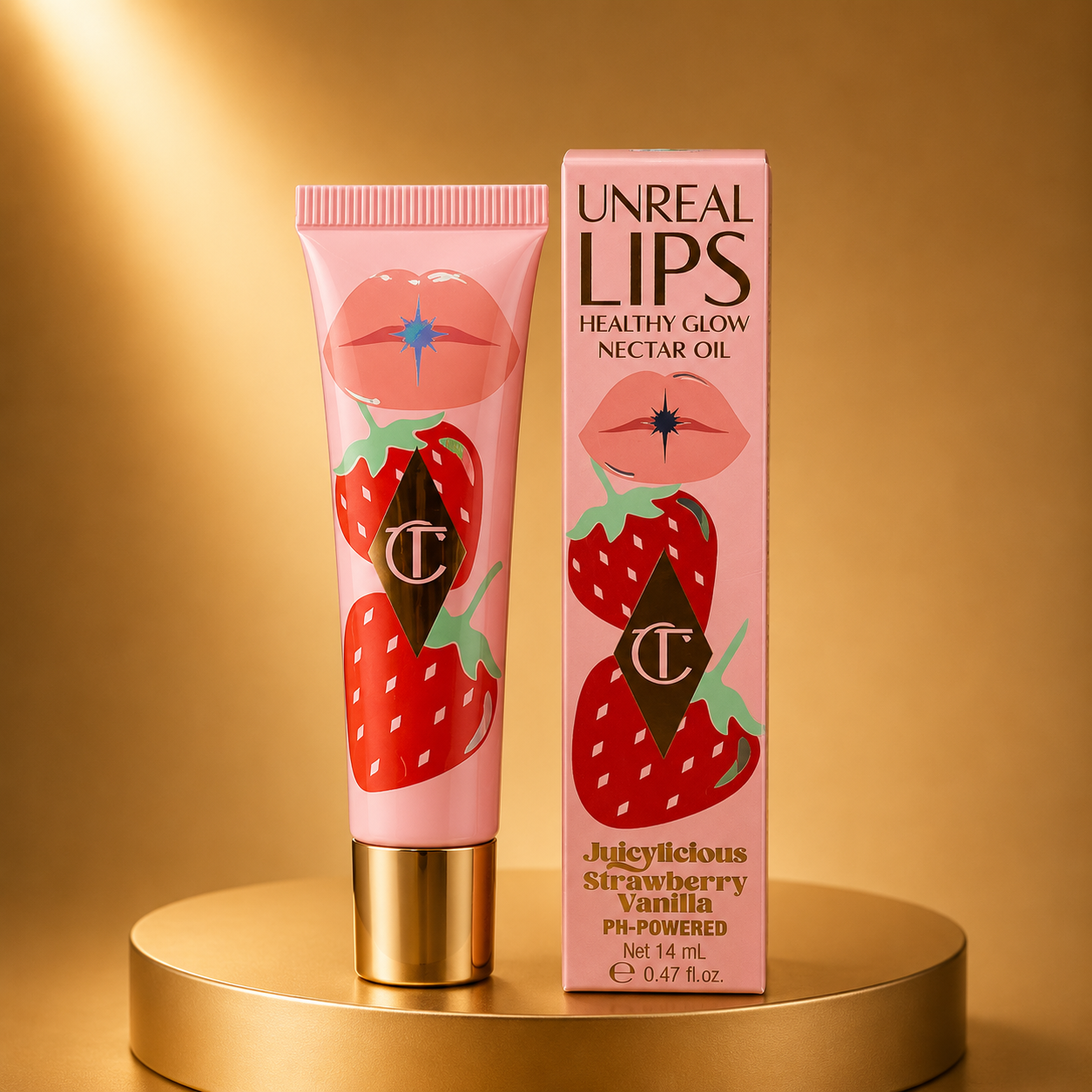 Charlotte Tilbury Unreal Lips Healthy Glow Nectar Oil – Juicylicious Strawberry Vanilla | pH-Powered Custom Pink Tint | Hydrating Lip Nectar