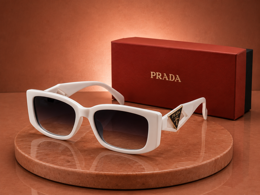 PRADA Symbole Rectangular Sunglasses – White Acetate Frame with Dark Gradient Lenses