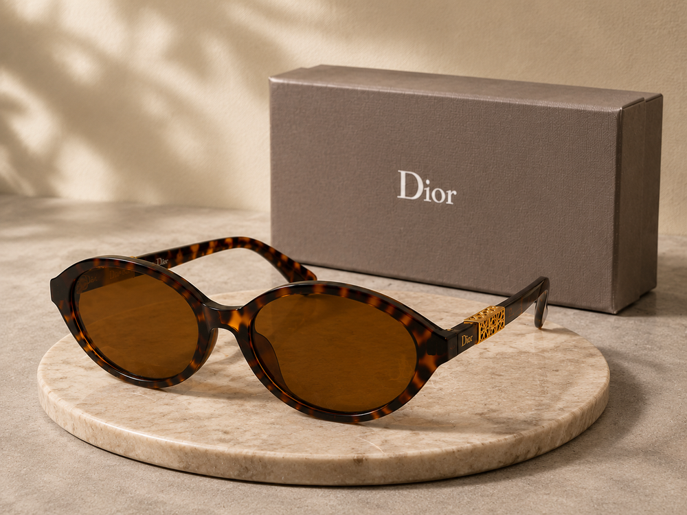 Christian Dior Oval Tortoiseshell Sunglasses – Gold Filigree Logo Temple