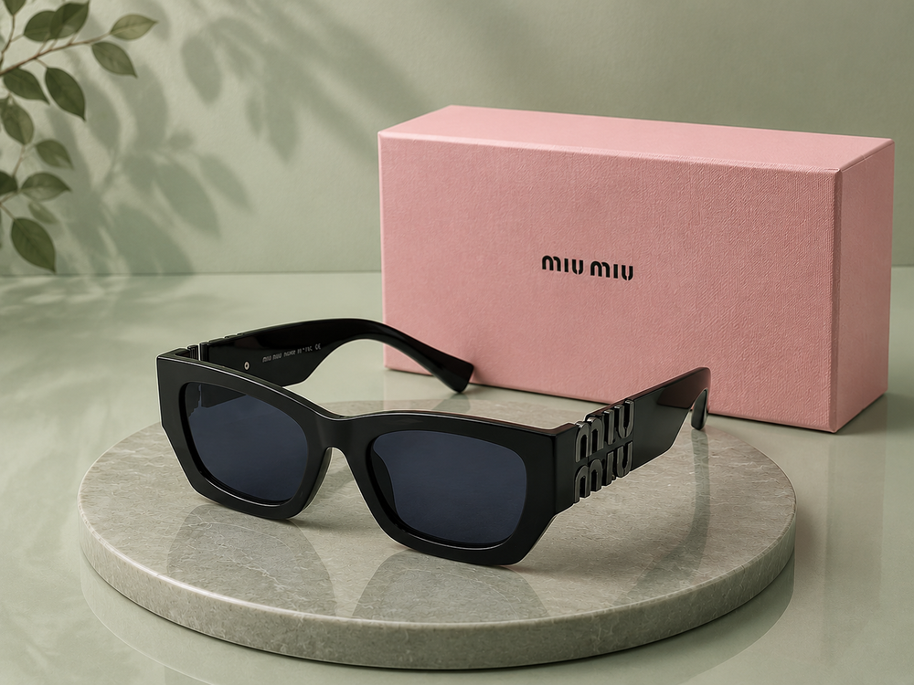 MIU MIU Black Rectangular Sunglasses – Acetate Frame with Gunmetal Cutout Logo