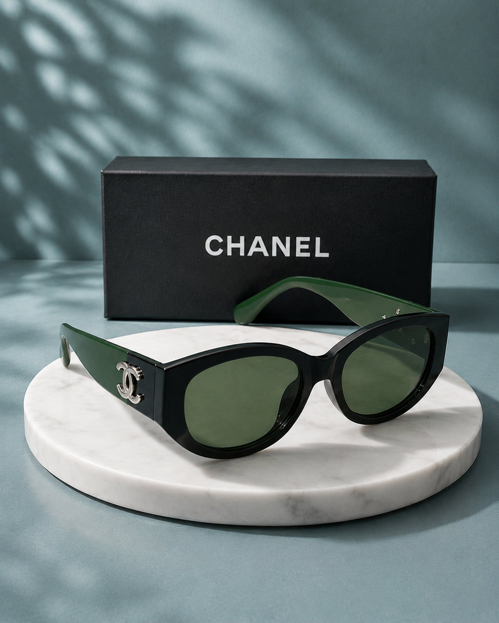 CHANEL Cat-Eye Sunglasses – Black & Emerald Green Frame with Silver CC Logo