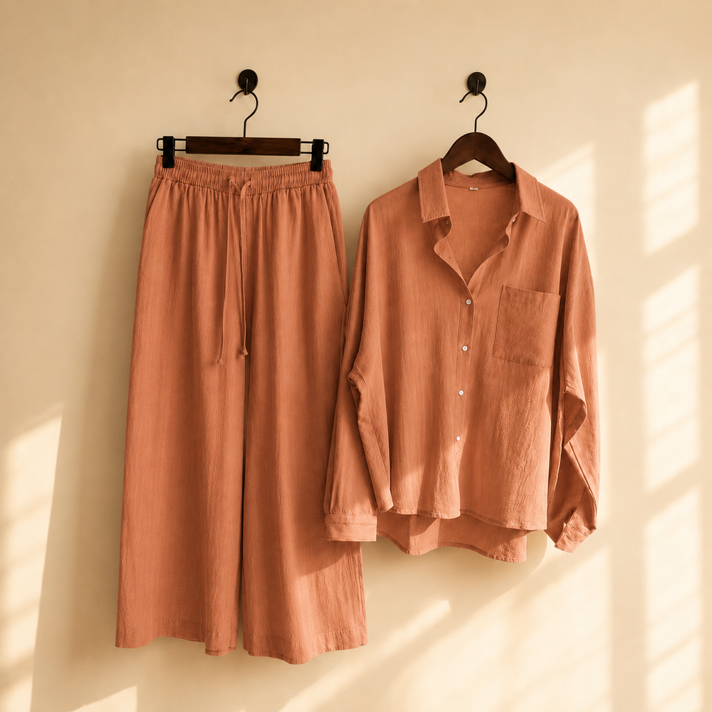 Premium Cotton Linen Lounge Co-Ord Set – Oversized Button-Down Shirt & Wide-Leg Pants Two-Piece Matching Suit