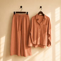 Premium Cotton Linen Lounge Co-Ord Set – Oversized Button-Down Shirt & Wide-Leg Pants Two-Piece Matching Suit