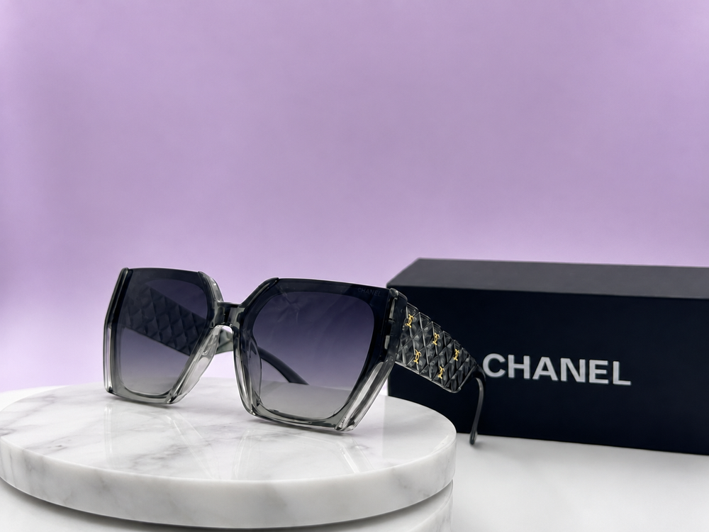 CHANEL Grey Translucent Oversized Square Sunglasses – Quilted Temples with Gold CC Monograms