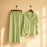 Premium Cotton Linen Lounge Co-Ord Set – Oversized Button-Down Shirt & Wide-Leg Pants Two-Piece Matching Suit