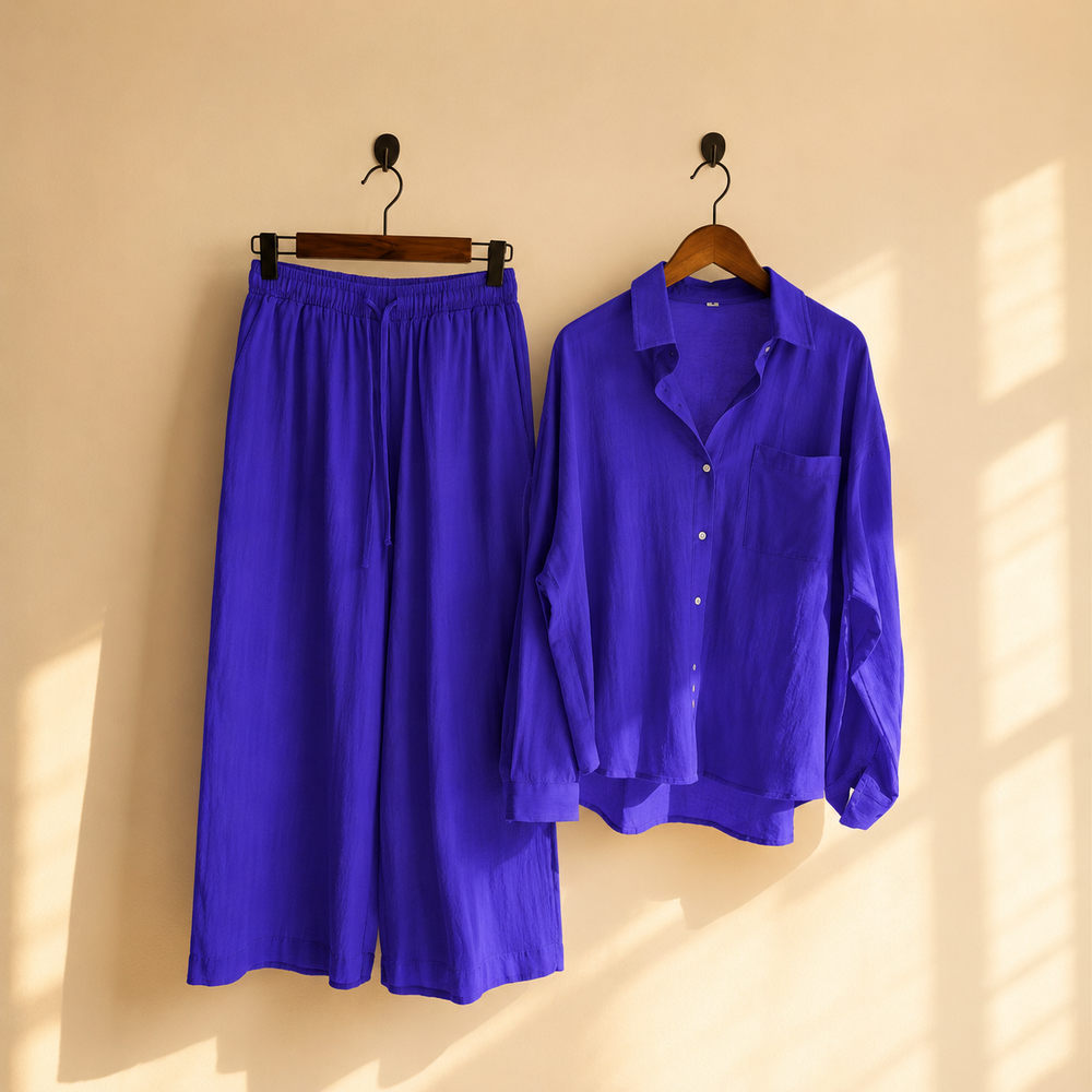 Premium Cotton Linen Lounge Co-Ord Set – Oversized Button-Down Shirt & Wide-Leg Pants Two-Piece Matching Suit