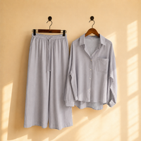 Premium Cotton Linen Lounge Co-Ord Set – Oversized Button-Down Shirt & Wide-Leg Pants Two-Piece Matching Suit