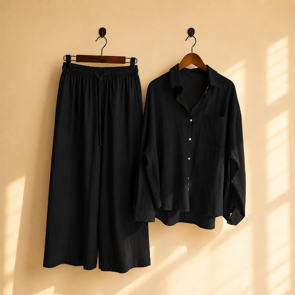 Premium Cotton Linen Lounge Co-Ord Set – Oversized Button-Down Shirt & Wide-Leg Pants Two-Piece Matching Suit
