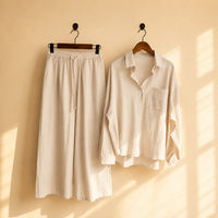 Premium Cotton Linen Lounge Co-Ord Set – Oversized Button-Down Shirt & Wide-Leg Pants Two-Piece Matching Suit