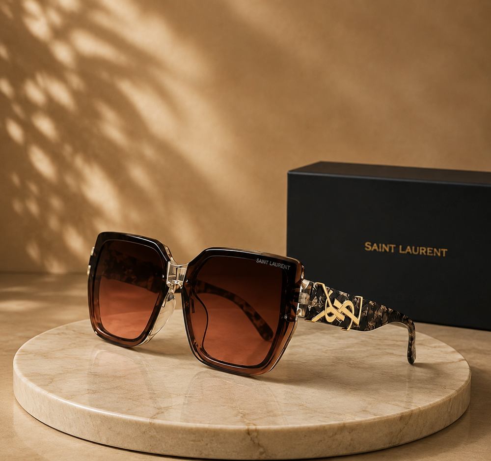 SAINT LAURENT Tortoiseshell Square Sunglasses – Brown Gradient Lenses with Gold YSL Monogram