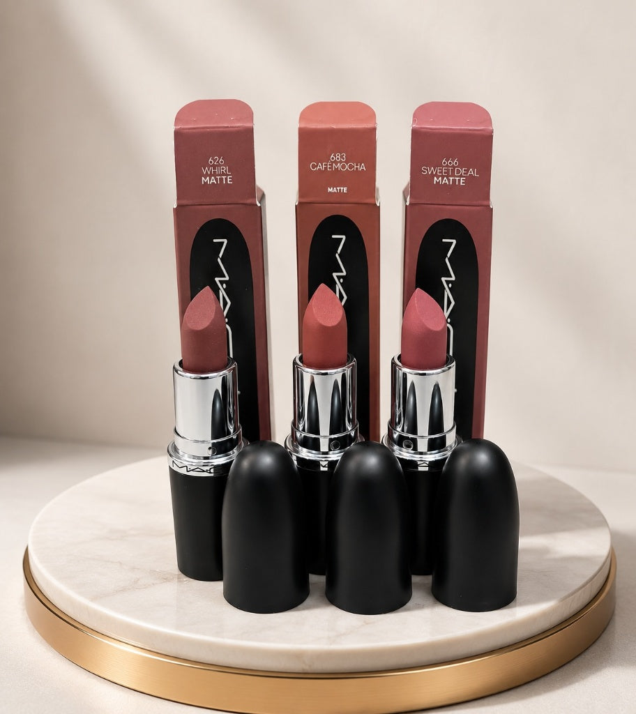 MAC Matte Lipstick Trio – Shades 626 Whirl, 683 Café Mocha, and 666 Sweet Deal