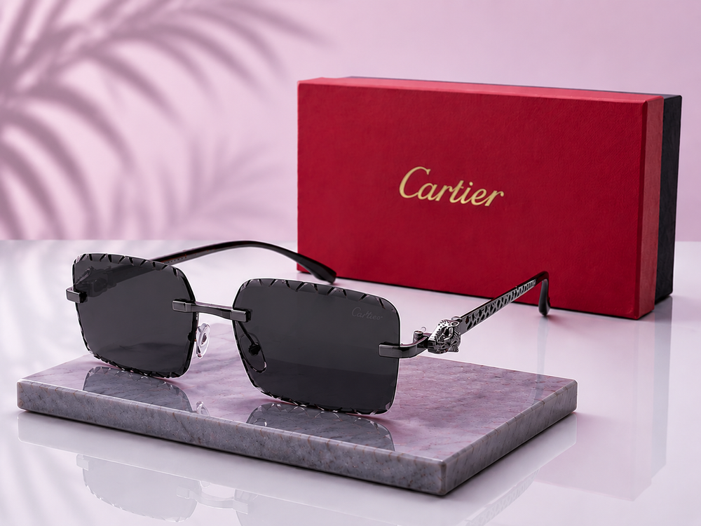 CARTIER Panthère Rimless Sunglasses – Gunmetal Finish with Diamond-Cut Beveled Grey Lenses