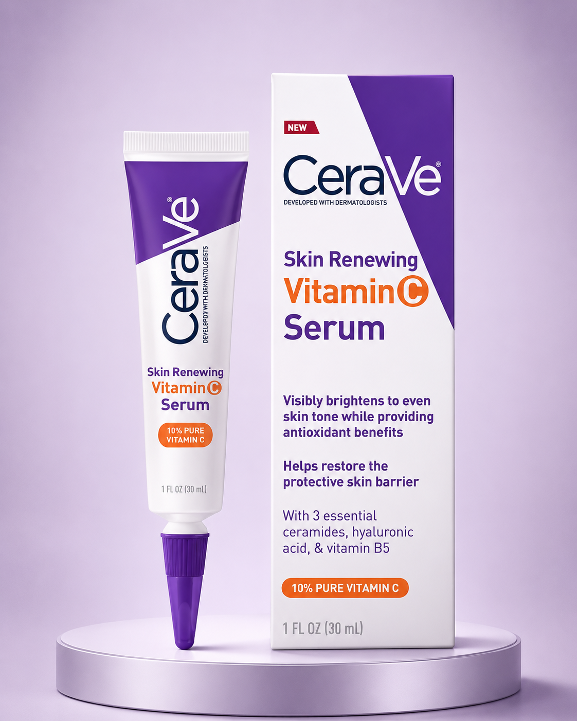 CeraVe Skin Renewing Vitamin C Serum (1 FL OZ / 30 mL) 10% Pure Vitamin C Brightening Serum with Ceramides, Hyaluronic Acid & Vitamin B5