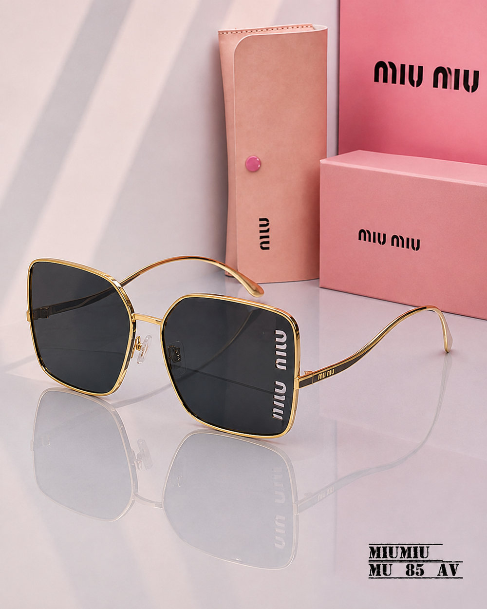 Miu Miu MU 85 AV Oversized Square Sunglasses – Gold & Dark Grey PREMIUM CLASS