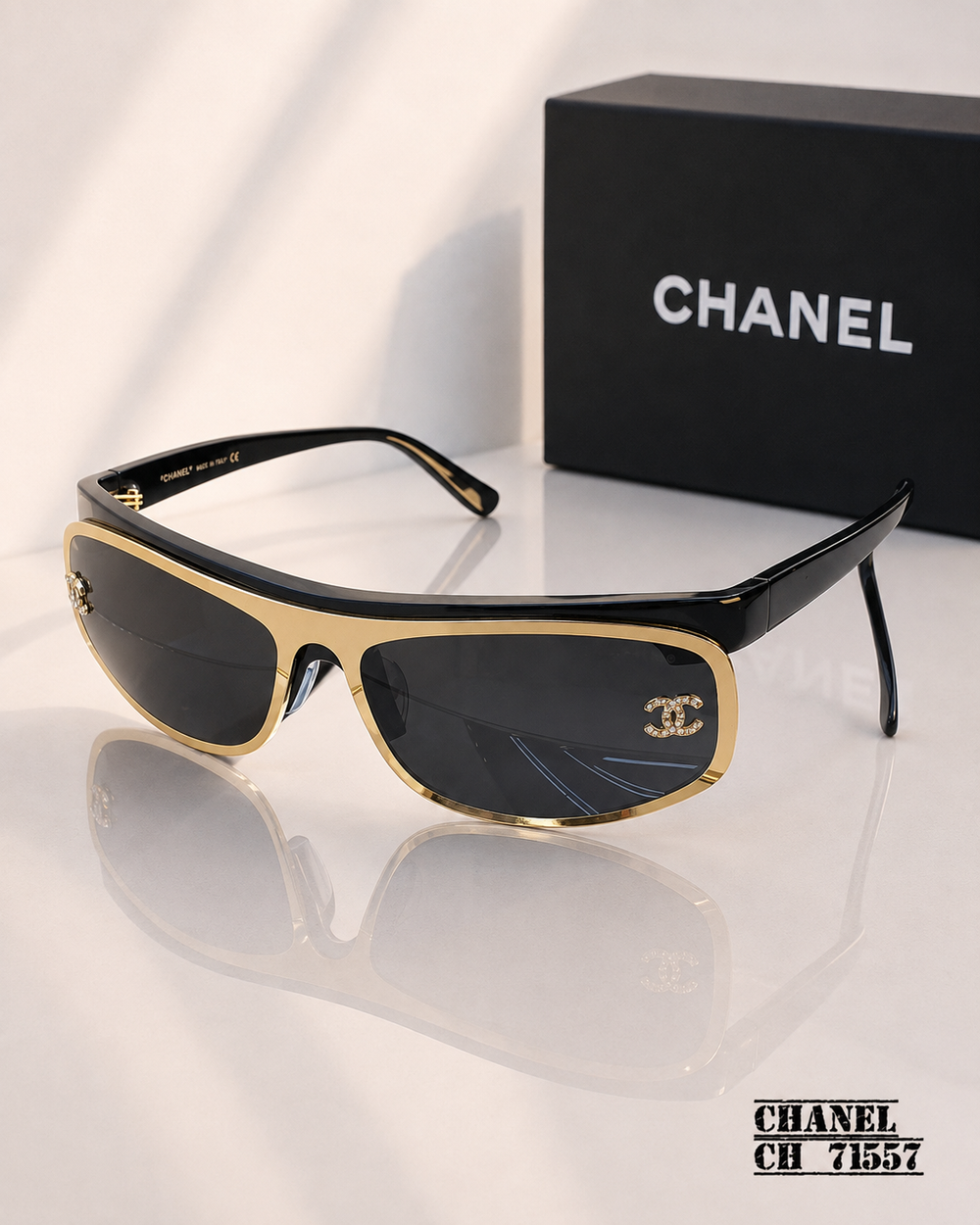 CHANEL 71557 Black & Gold Shield Sunglasses with Crystal CC Logo PREMIUM CLASS