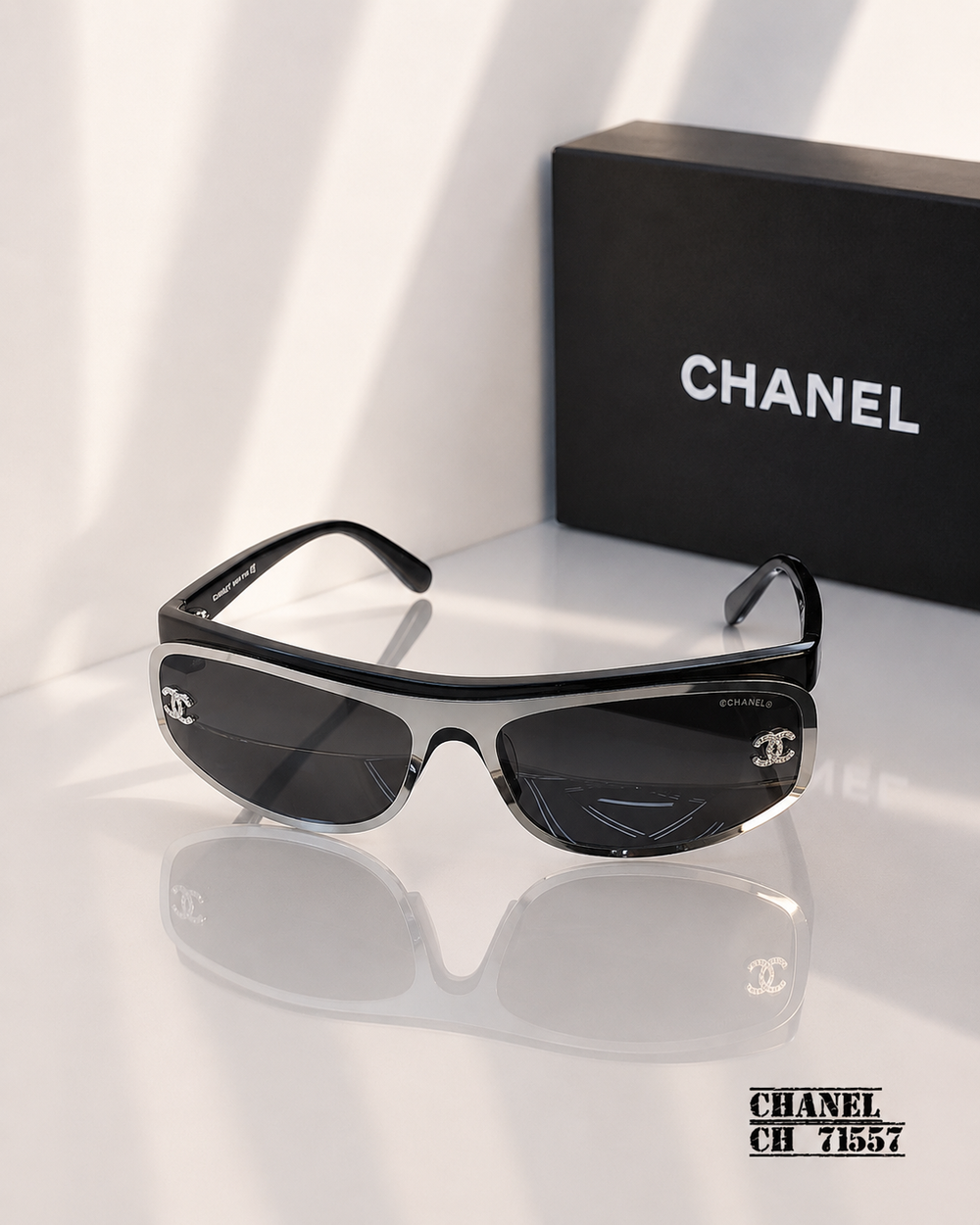 CHANEL 71557 Shield Sunglasses – Black, Silver & Grey Lenses PREMIUM CLASS