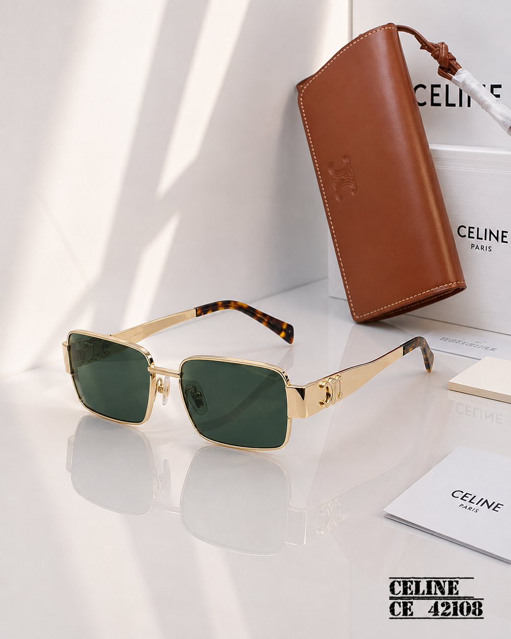 CELINE CE 42108 Gold Square Sunglasses – Green Lenses PREMIUM CLASS
