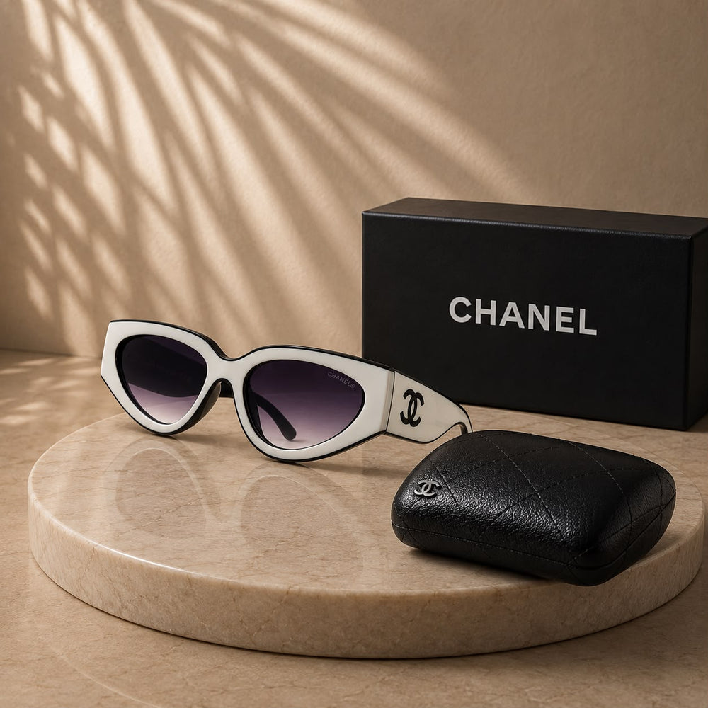 Chanel Oval Cat-Eye Sunglasses in White & Black with Gradient Tint Lenses