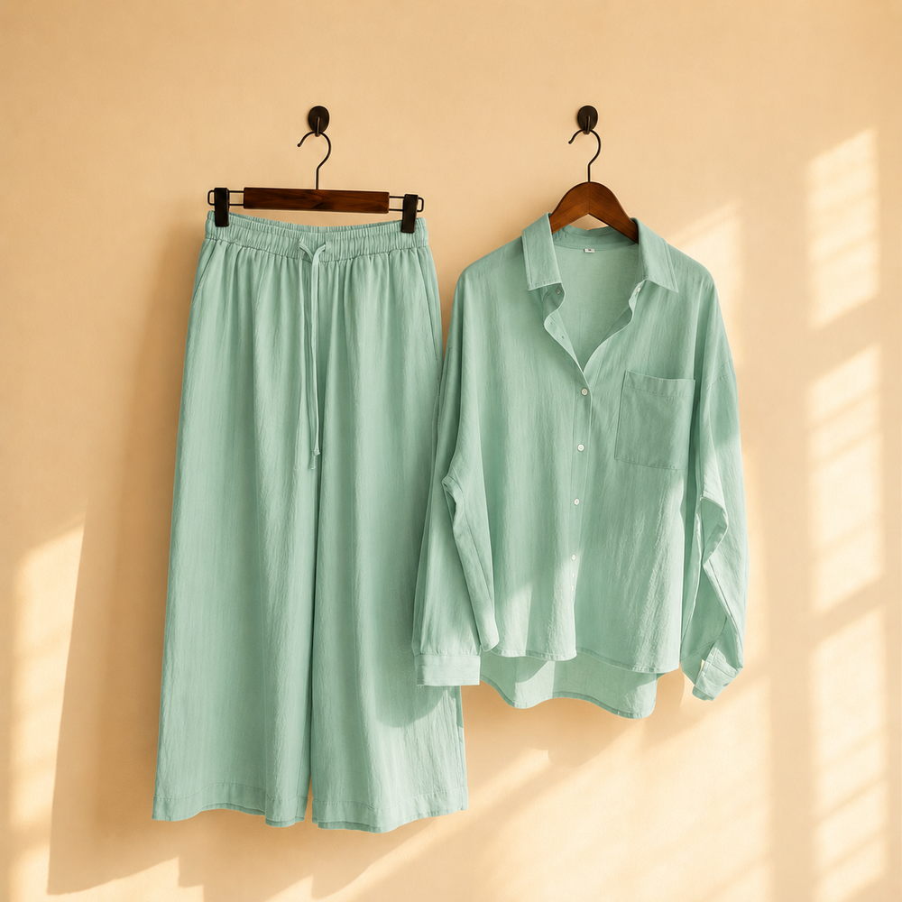Premium Cotton Linen Lounge Co-Ord Set – Oversized Button-Down Shirt & Wide-Leg Pants Two-Piece Matching Suit