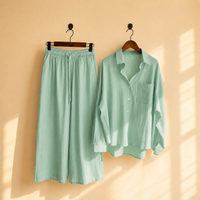 Premium Cotton Linen Lounge Co-Ord Set – Oversized Button-Down Shirt & Wide-Leg Pants Two-Piece Matching Suit