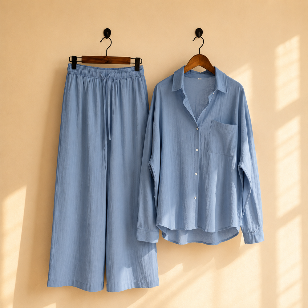 Premium Cotton Linen Lounge Co-Ord Set – Oversized Button-Down Shirt & Wide-Leg Pants Two-Piece Matching Suit