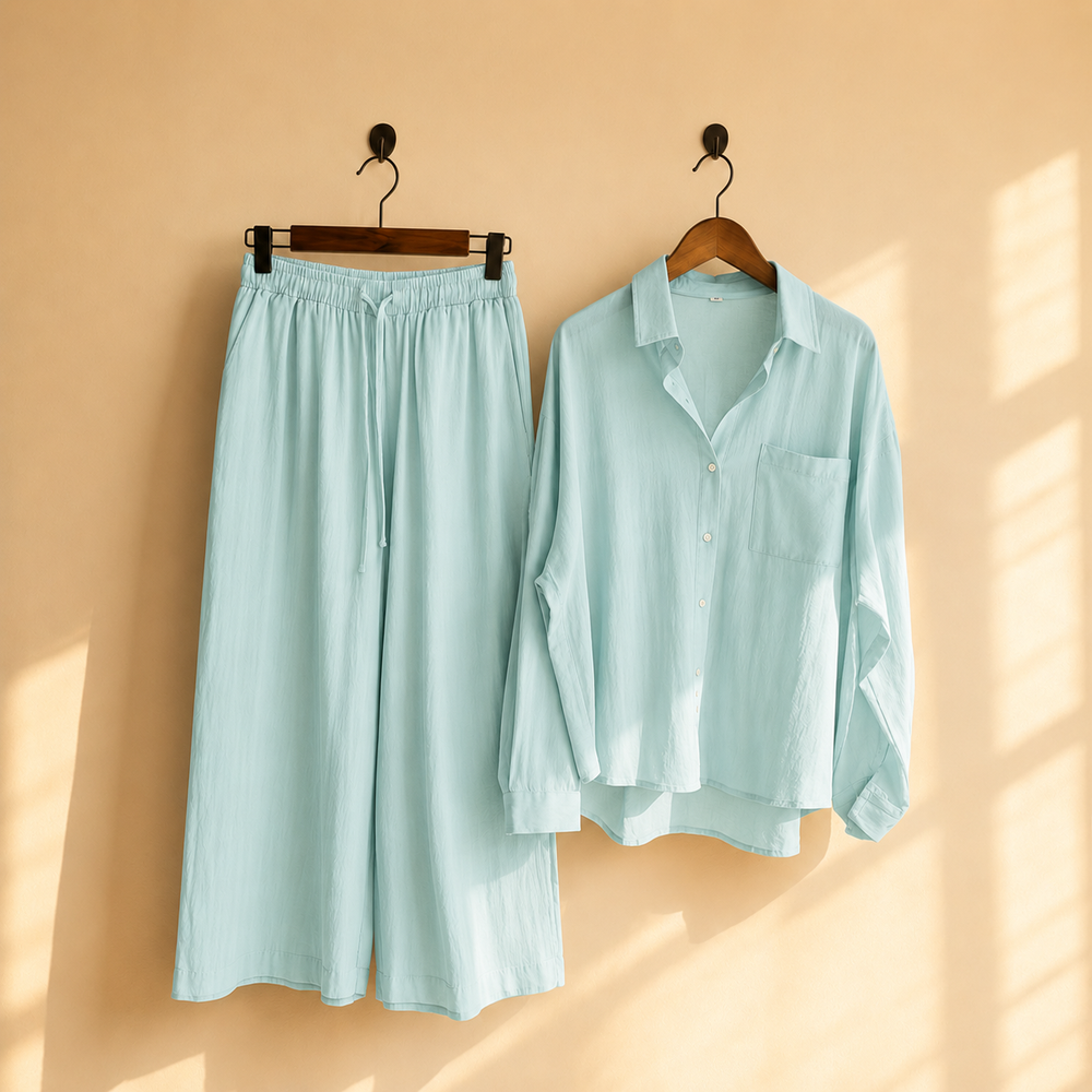 Premium Cotton Linen Lounge Co-Ord Set – Oversized Button-Down Shirt & Wide-Leg Pants Two-Piece Matching Suit